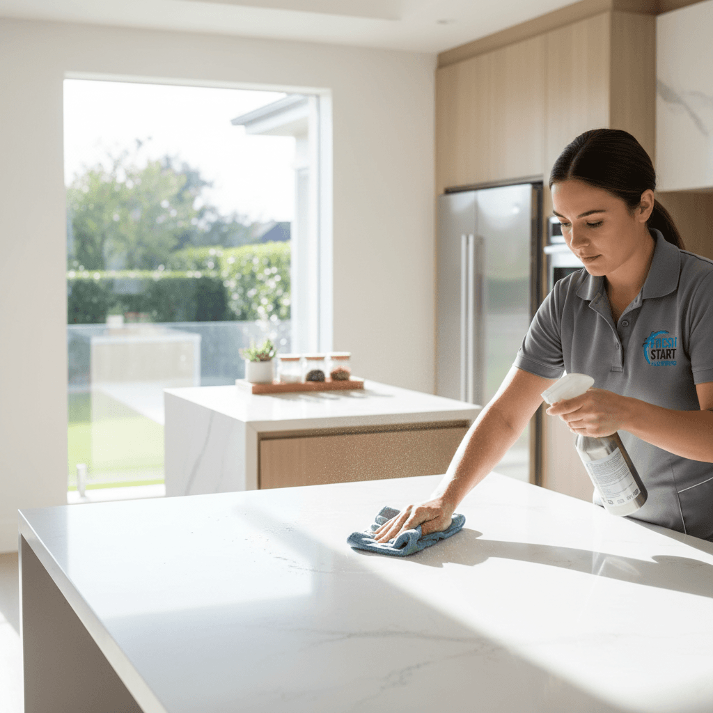 Cleaning professional wiping a kitchen counter in a modern home