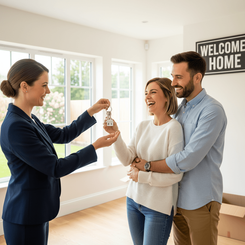 Real estate agent handing keys to a happy couple in a new home