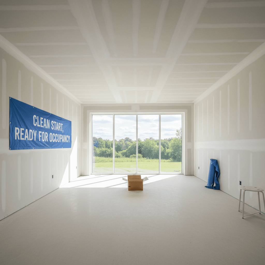 Bright, clean room post-construction with new drywall and dust-free floor lit by daylight
