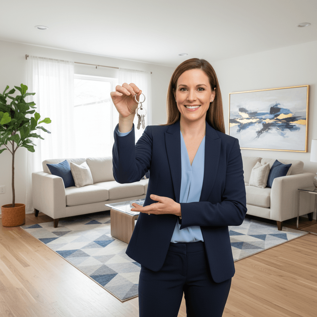 Real estate agent holding keys in front of bright renovated home
