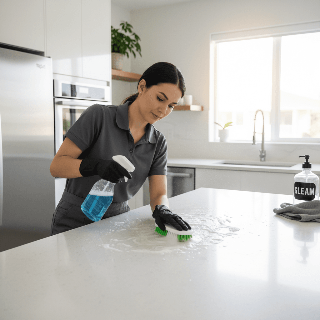 Professional cleaner wiping down a kitchen counter in a bright modern home