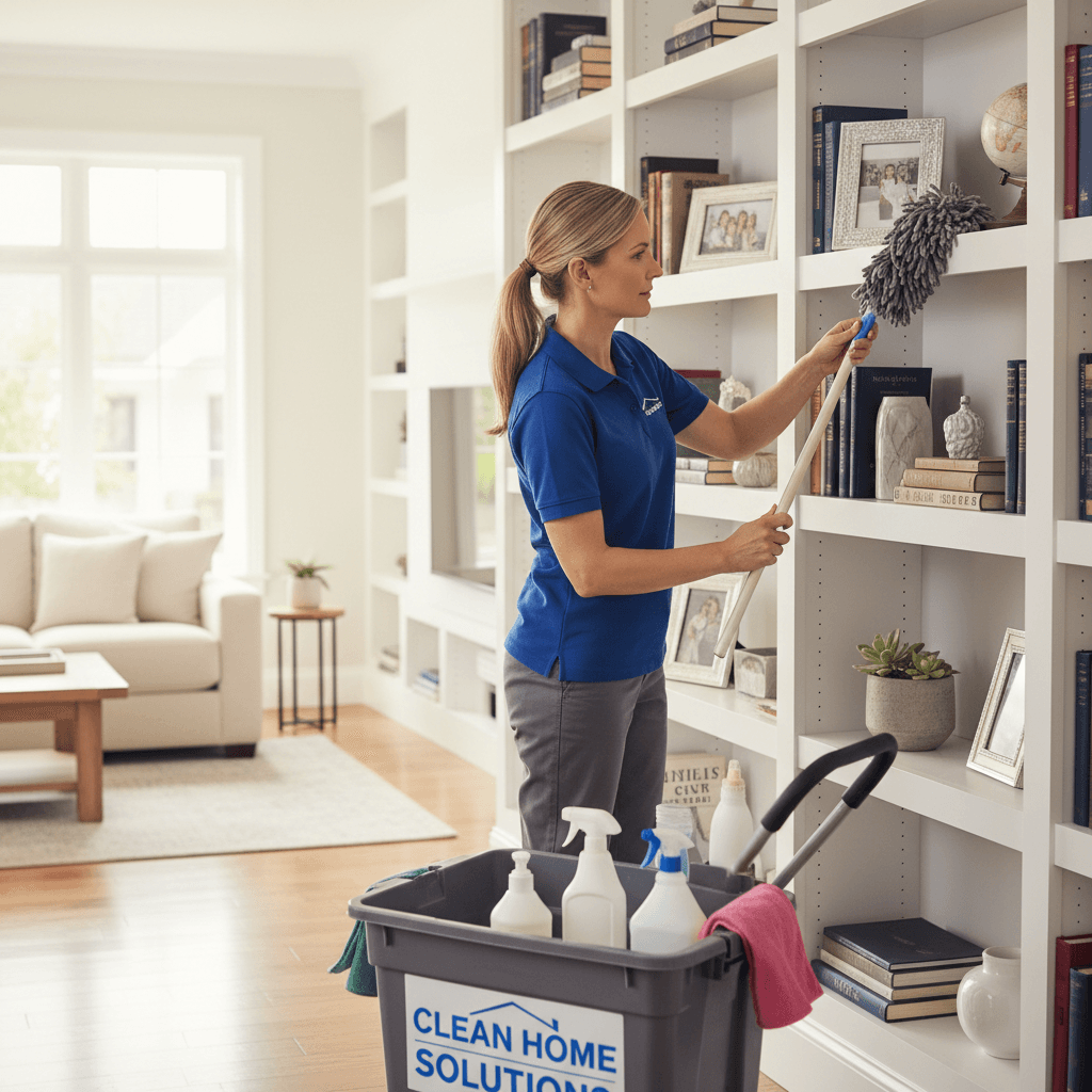 Cleaner dusting shelves in a home