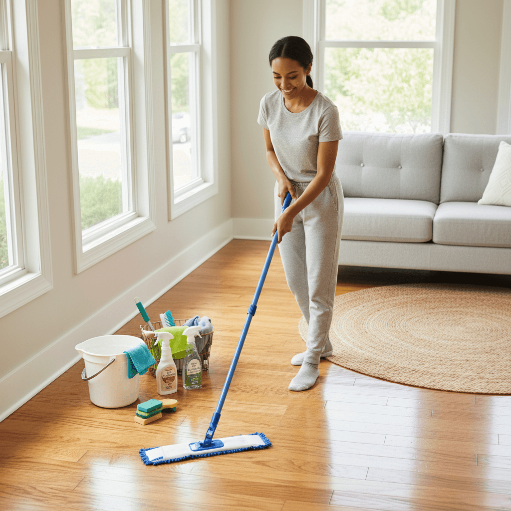 Person mopping a hardwood floor in a bright living room