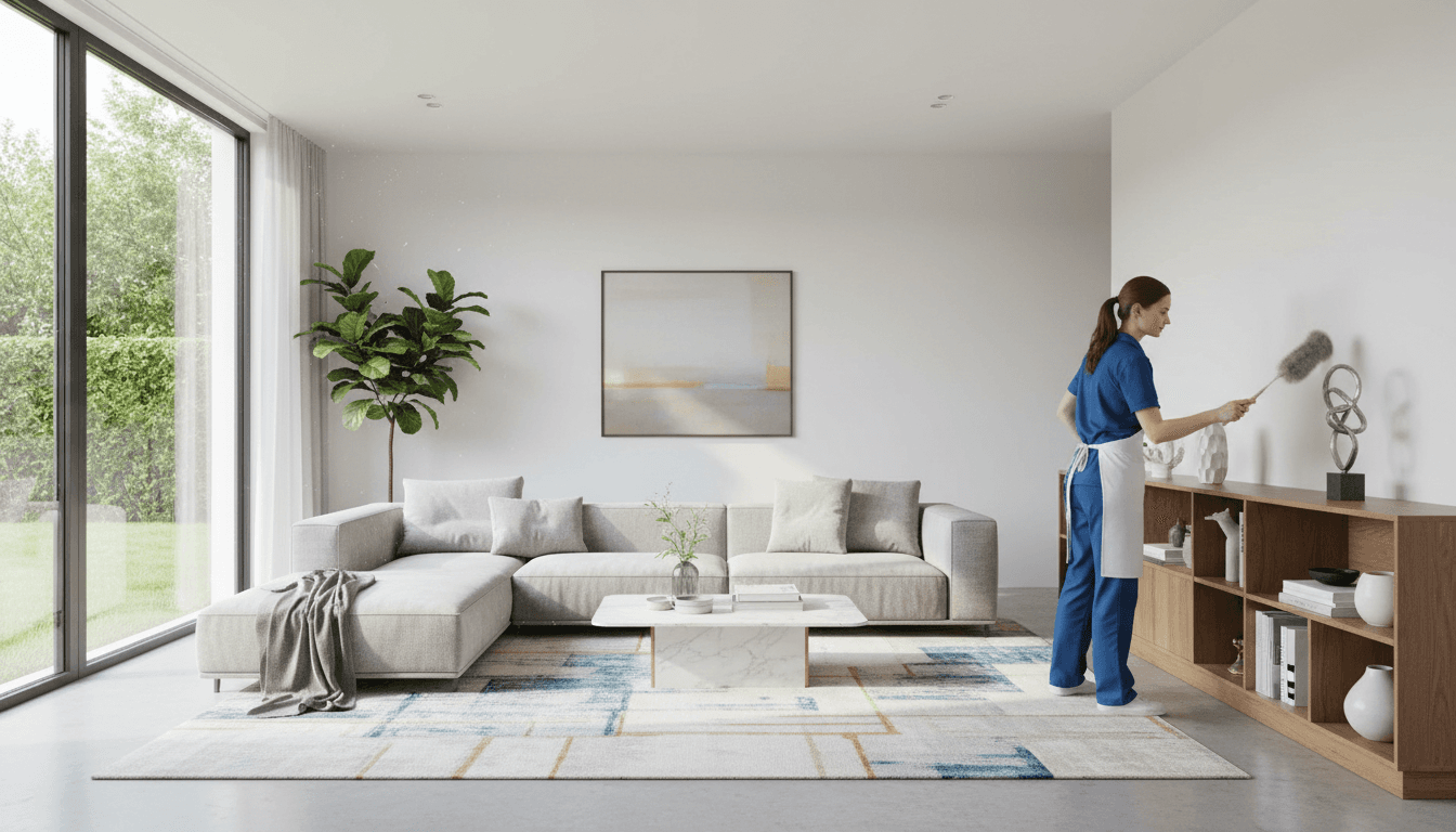 Professional cleaner wiping down a wooden shelf in a bright, modern living room