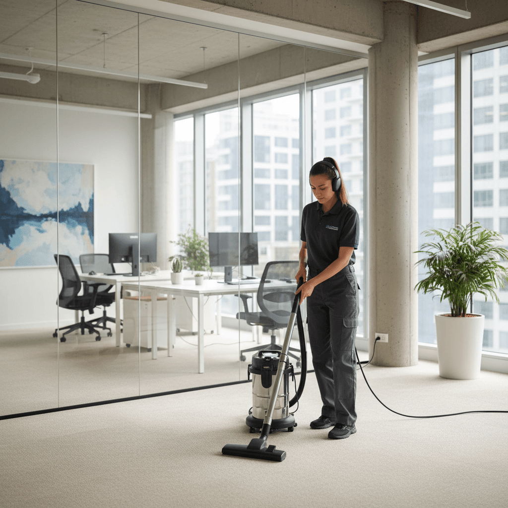 Professional cleaner vacuuming office carpet in bright modern workspace