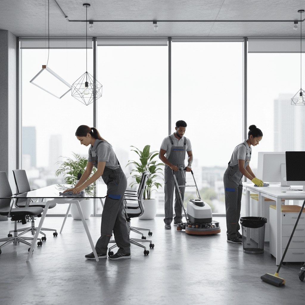 Professional cleaning crew working in a modern commercial office