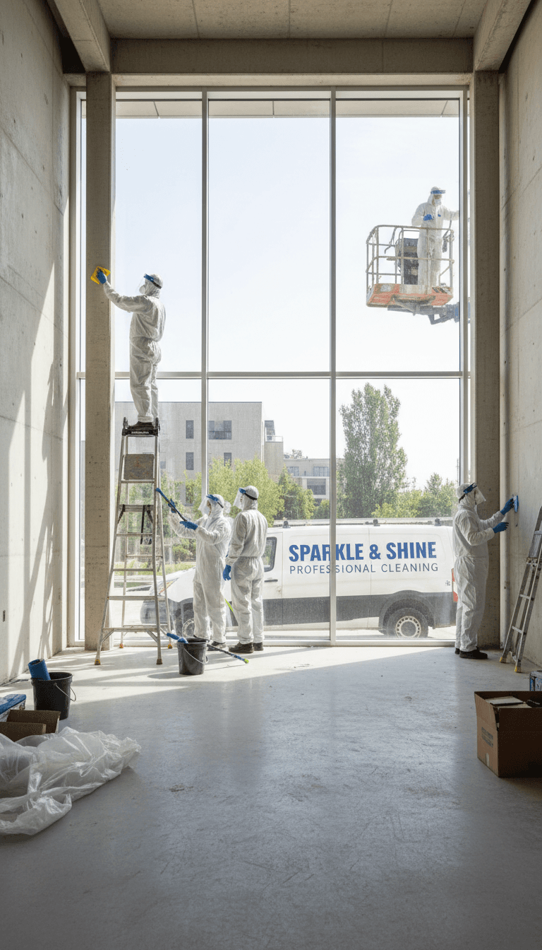 Cleaner wiping down window in a bright, finished room after construction