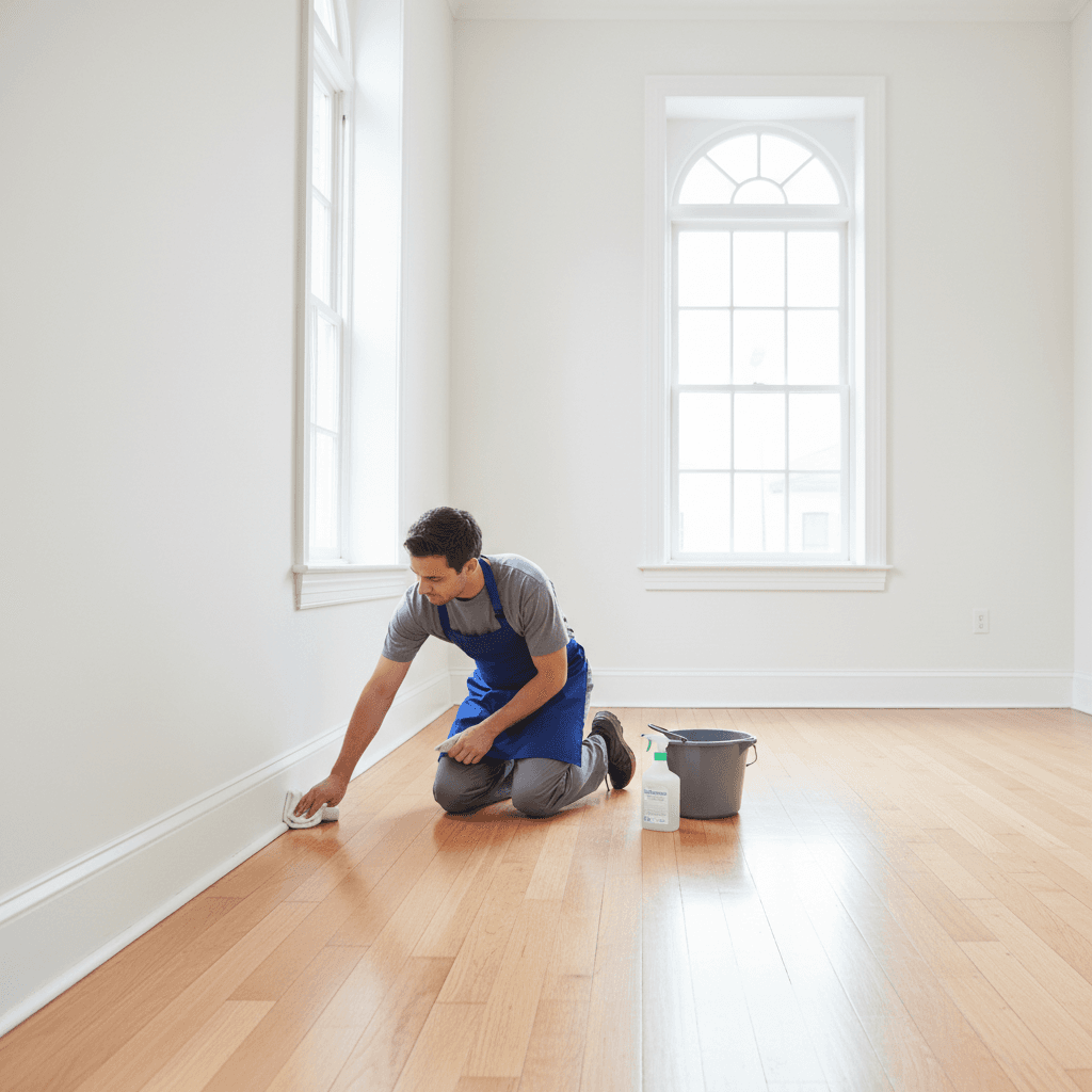 Cleaner wiping a baseboard with a cloth in a bright new room