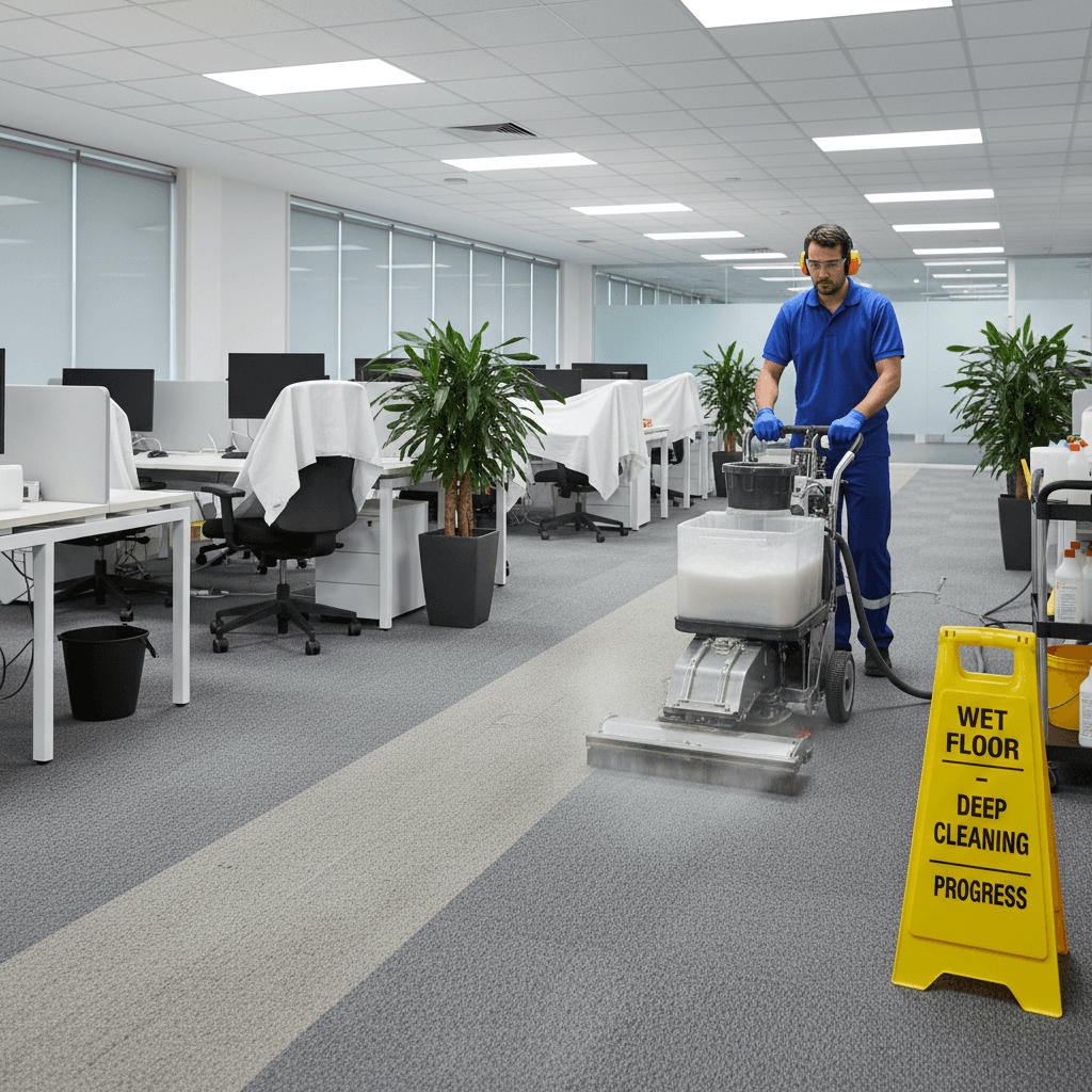 Janitor deep cleaning an office carpet with professional equipment