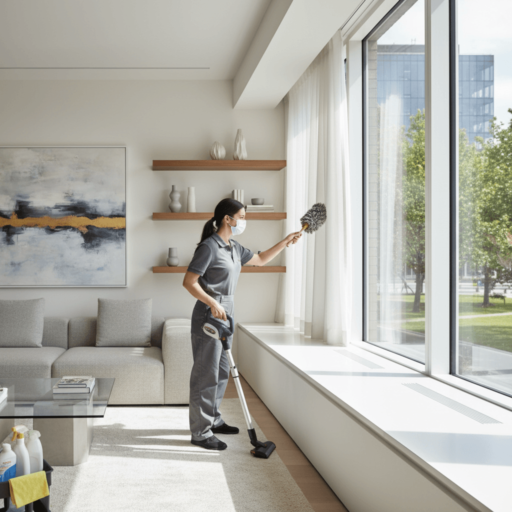 Cleaner dusting shelves and window sills in a modern living room