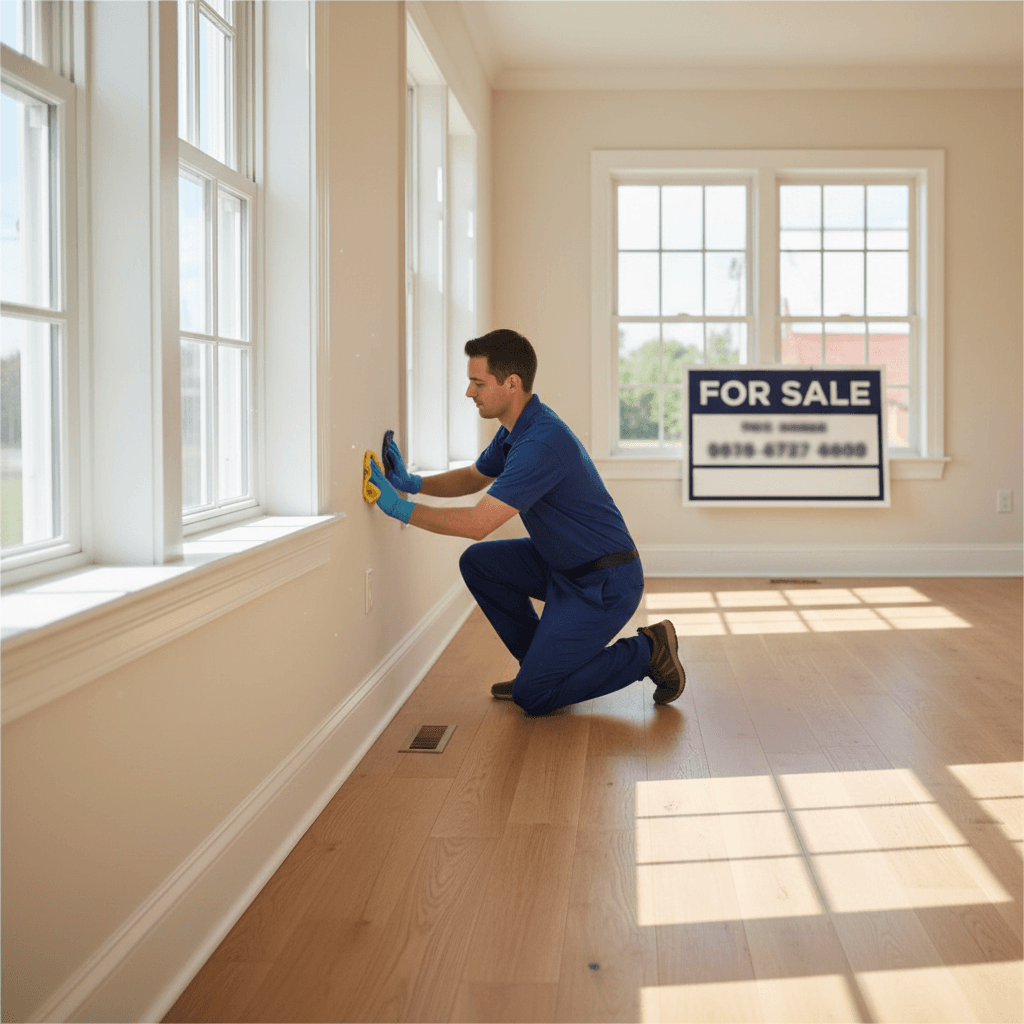 Professional cleaner wiping windowsill in bright empty home