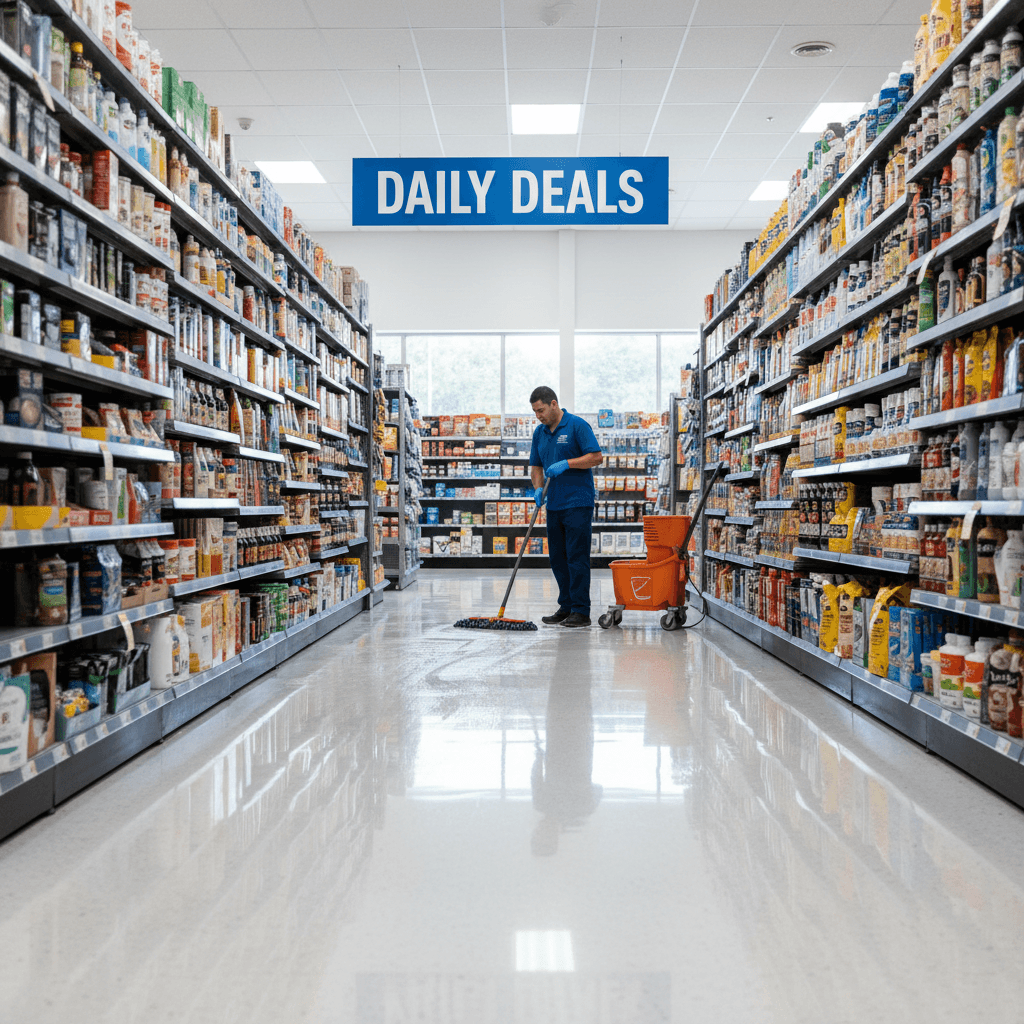 Cleaner mopping polished retail store floor with stocked shelves