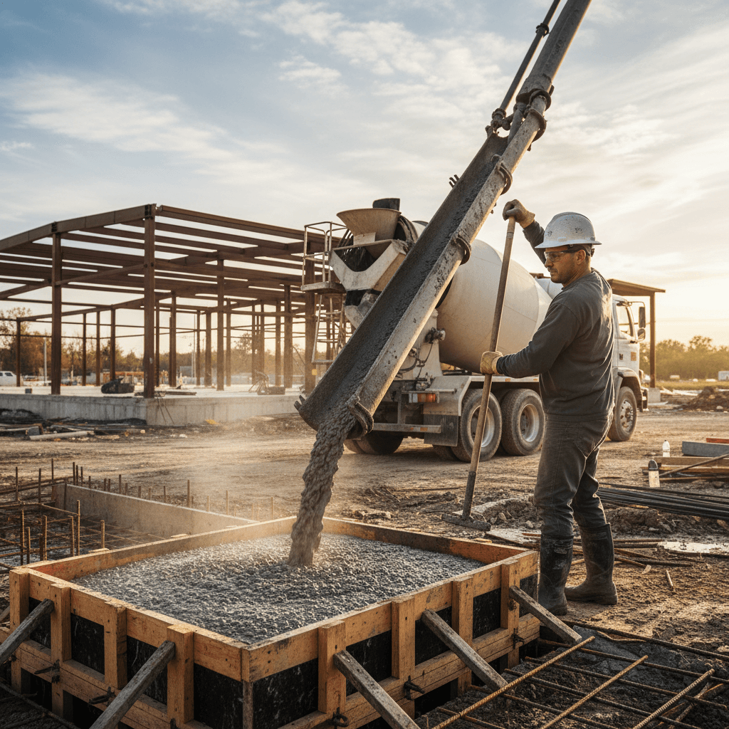 Concrete being poured from a chute into a framed form