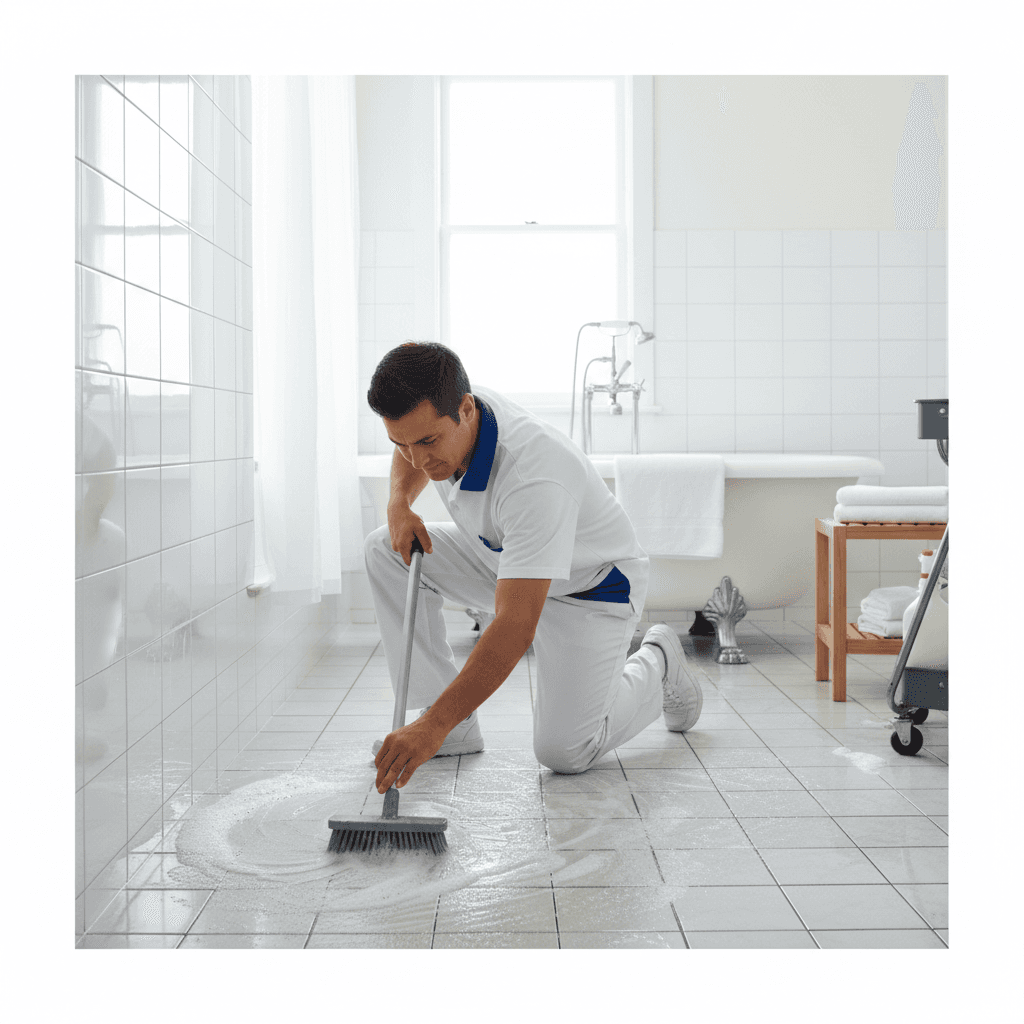 Cleaner scrubbing bathroom tile and grout with a brush