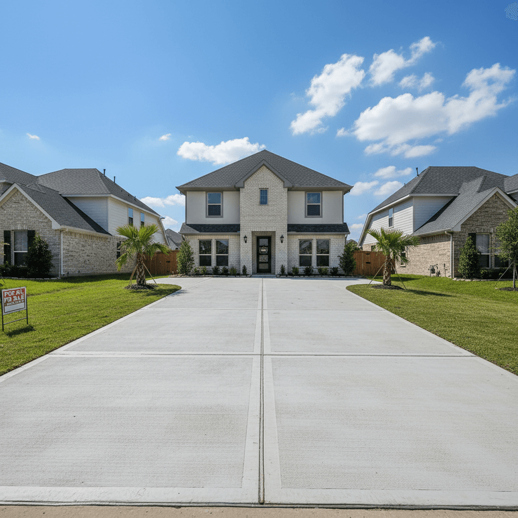 Crisp daylight wide shot of a newly finished concrete driveway with clean expansion joints leading to a suburban Houston home, broom finish visible, bright and tidy atmosphere