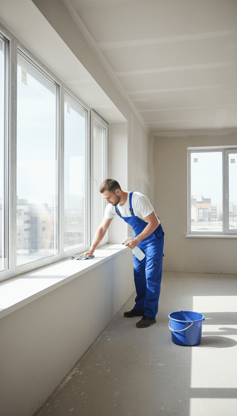 Cleaner wiping a window sill in a bright, empty new construction interior