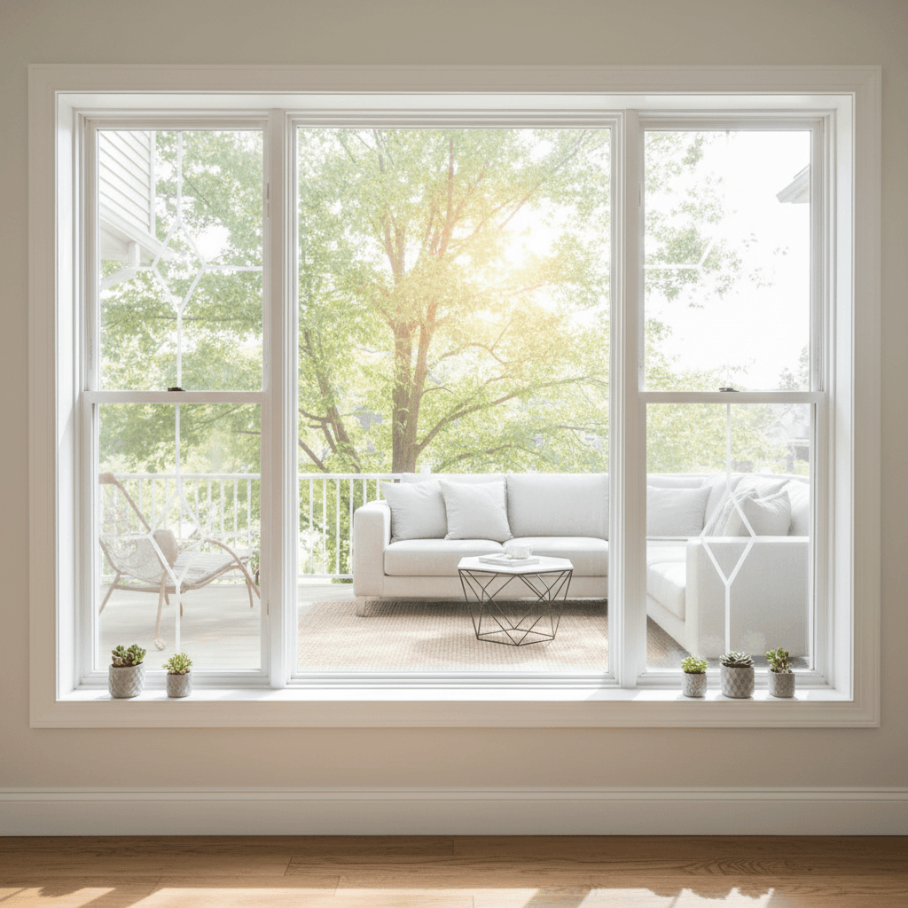 Clean windowsill and glass window reflecting light in a tidy home