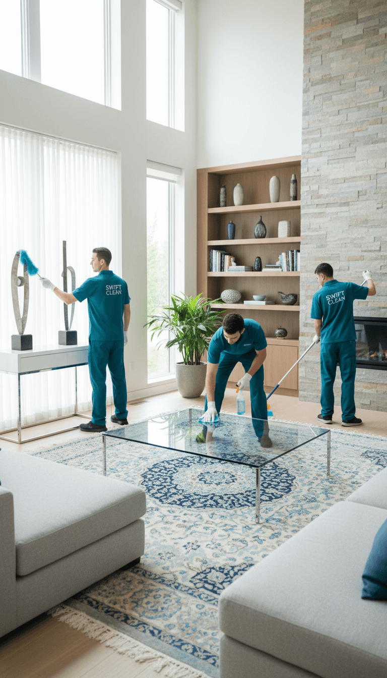 Professional cleaner dusting a shelf in a bright Houston home