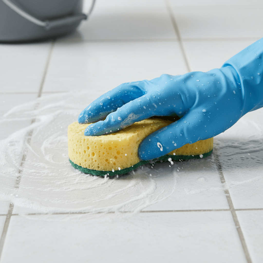 Close-up of a hand scrubbing residue off a tile floor
