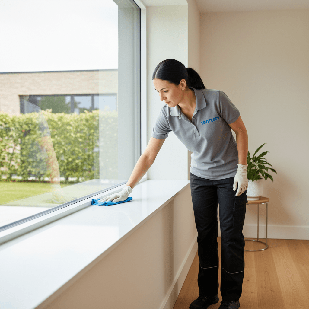 Gloved cleaner wiping a window sill in a newly built home