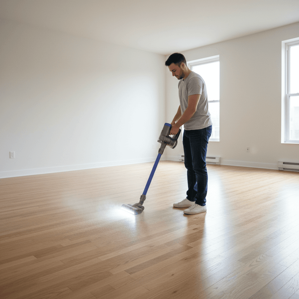 Person vacuuming construction dust from a hardwood floor