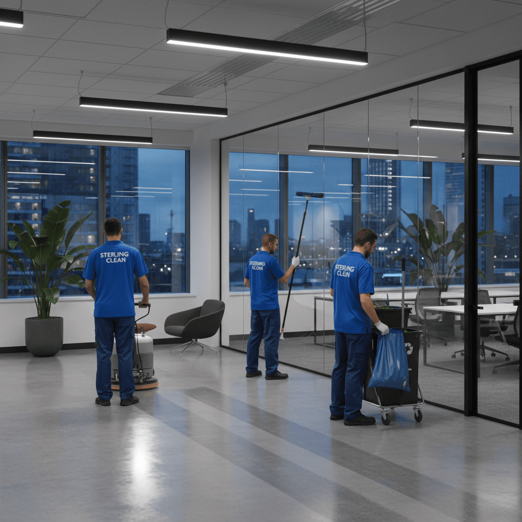 Professional cleaning crew working in a modern office building
