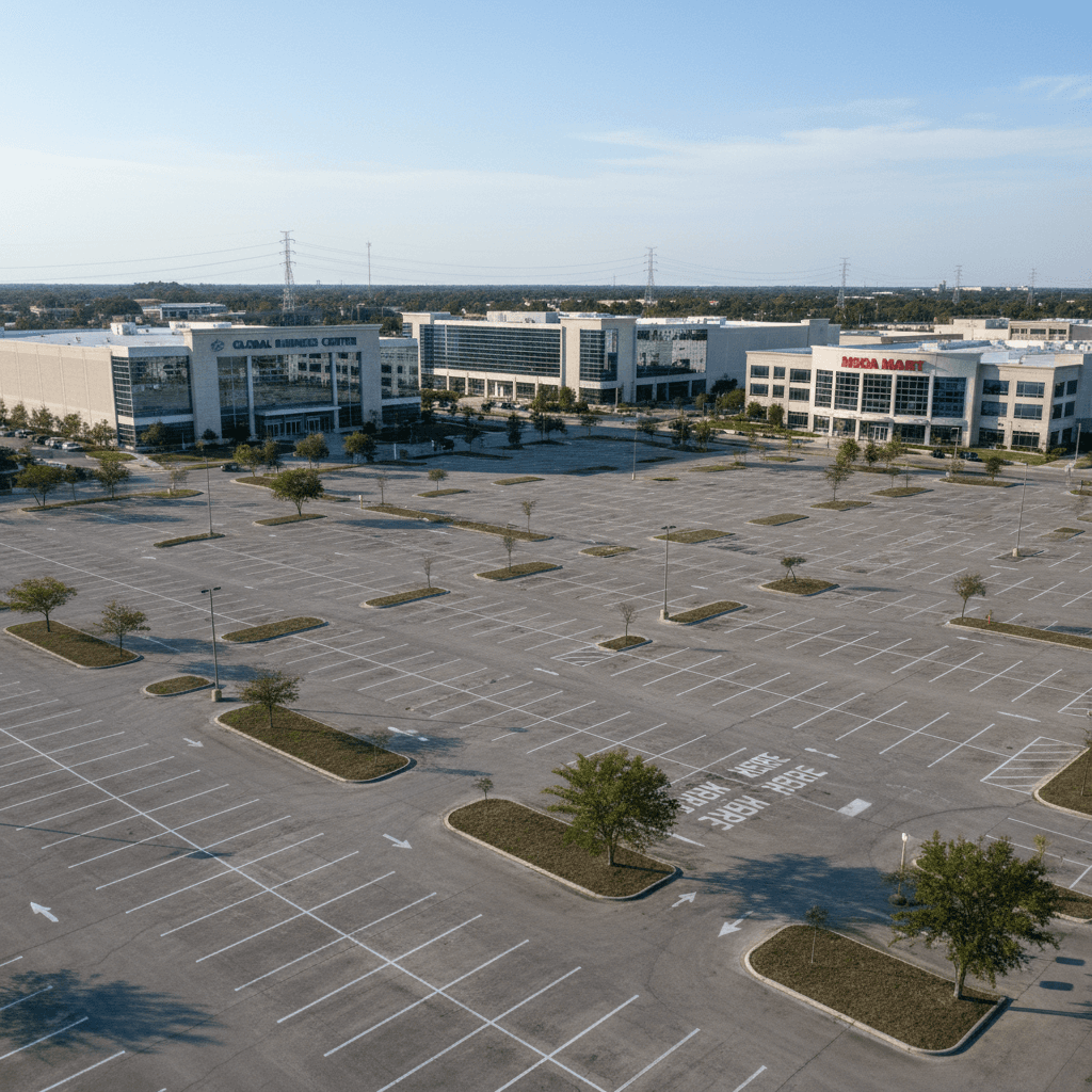 Large concrete parking lot with painted spaces