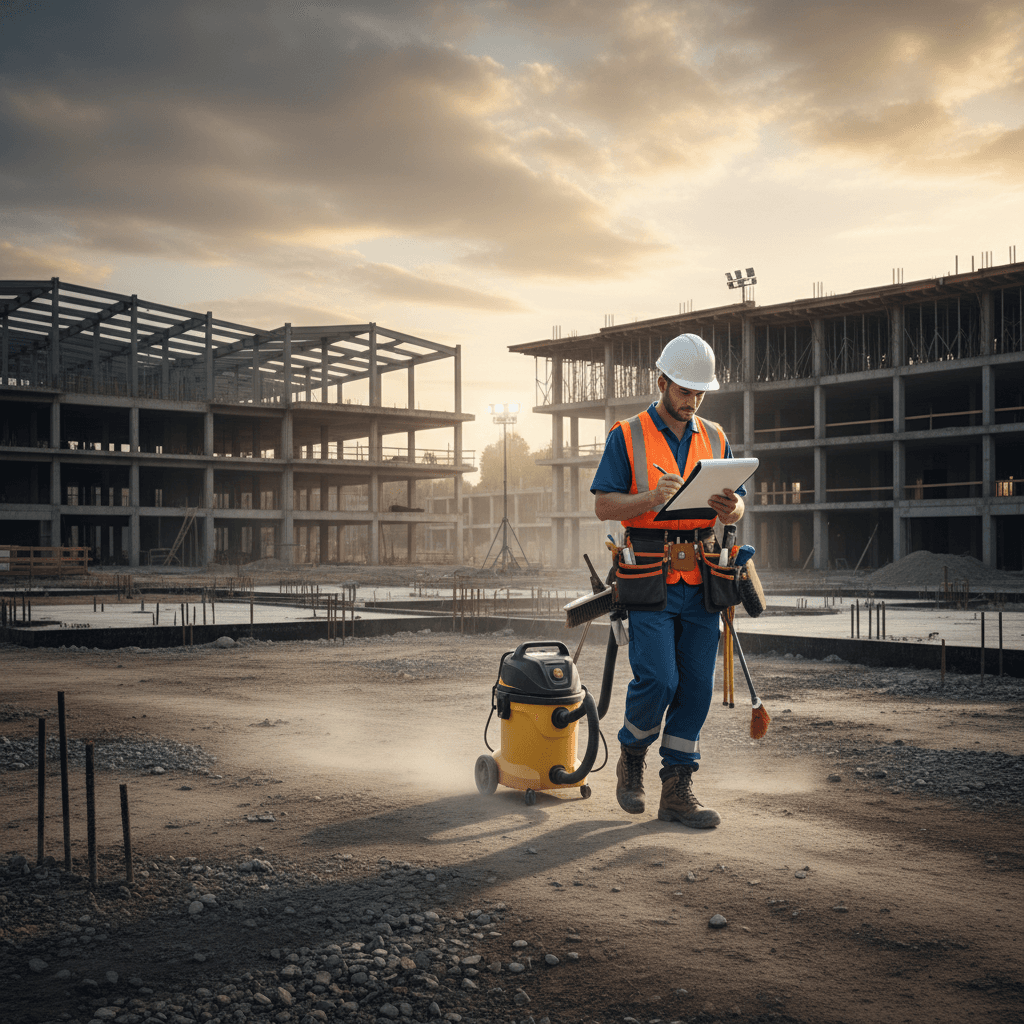 Cleaner reviewing a checklist during a walkthrough of a new construction site