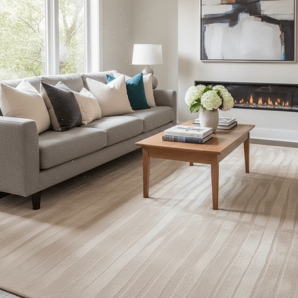 Freshly cleaned living room with vacuumed carpet