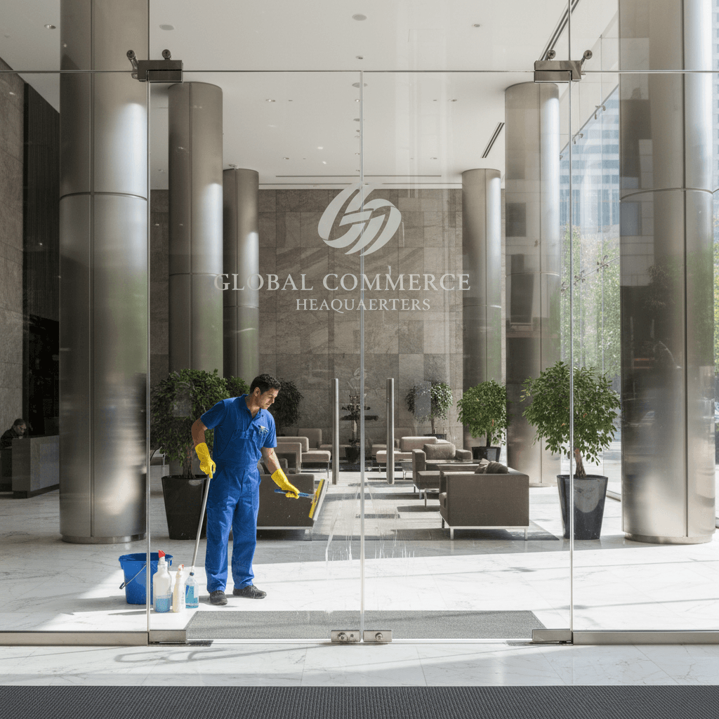 Cleaner wiping glass entrance doors in commercial building lobby