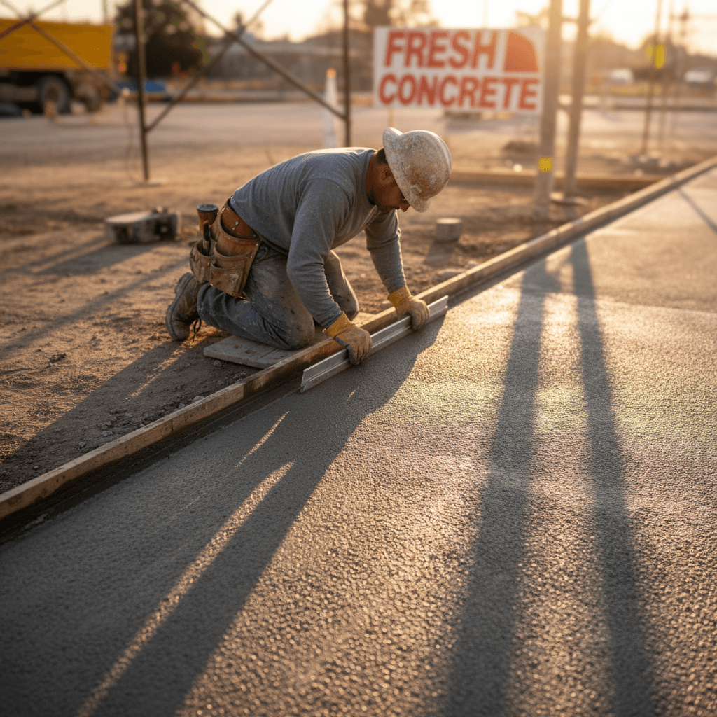 Worker edging a fresh concrete sidewalk form