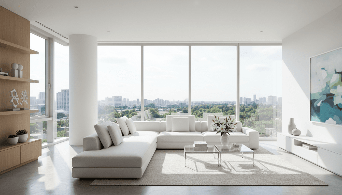 Bright, freshly cleaned living room with white sofa and natural light
