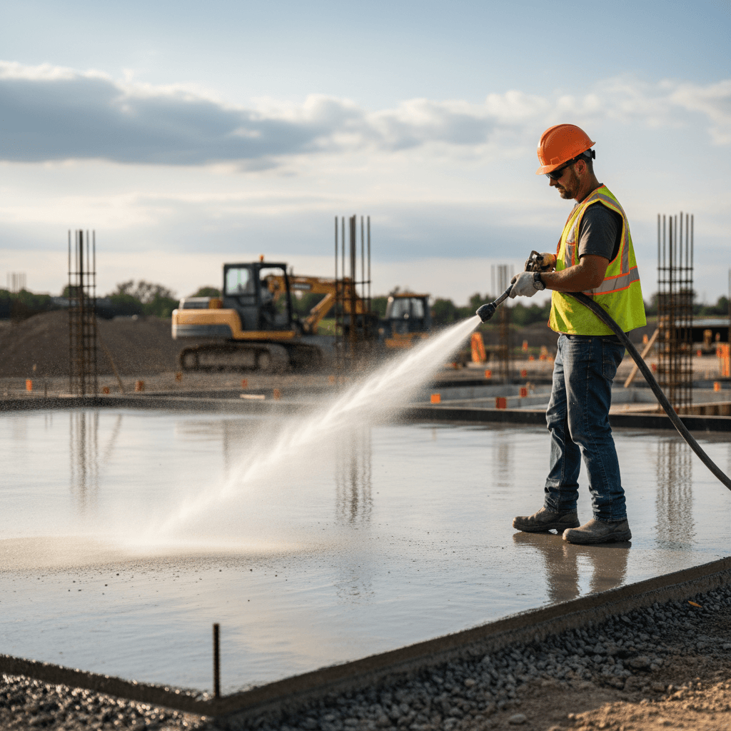 Worker spraying water on concrete to keep it moist during curing