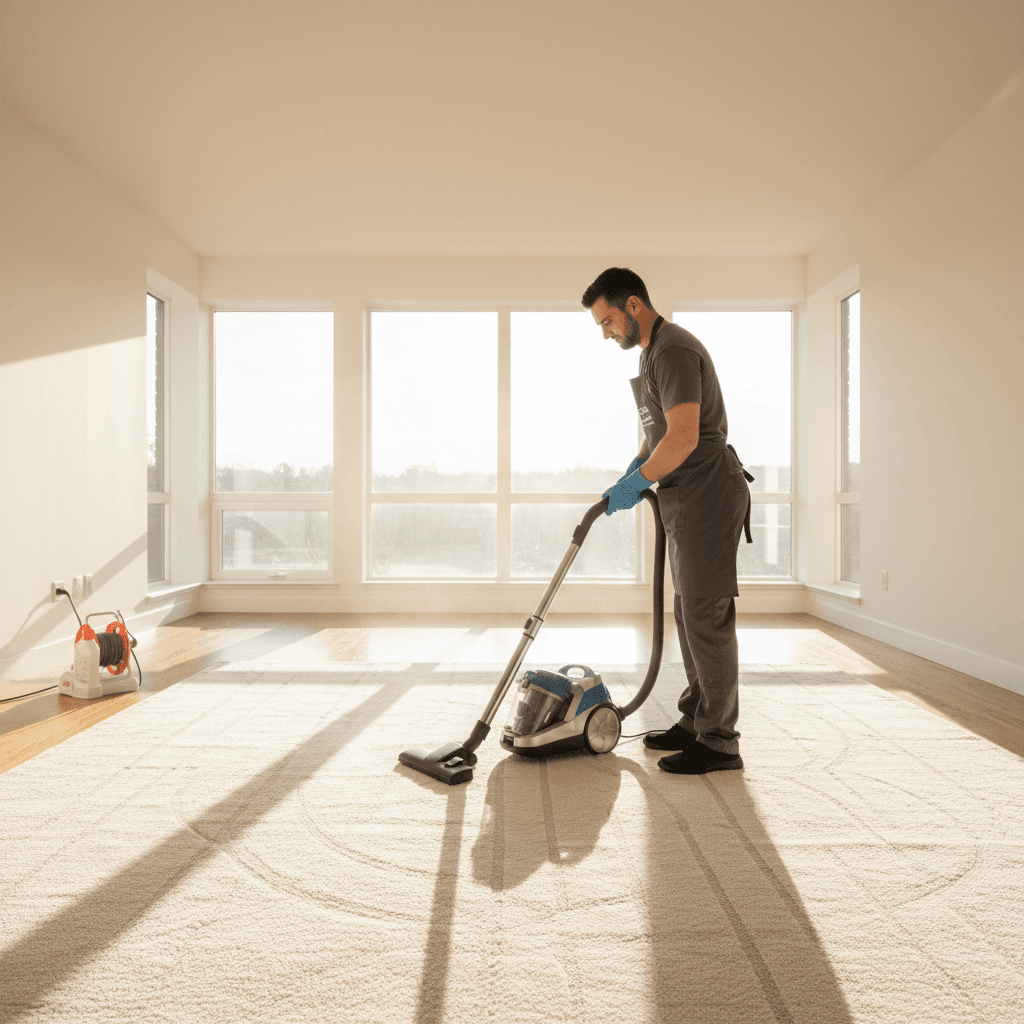 Cleaner vacuuming carpet in an empty sunlit living room