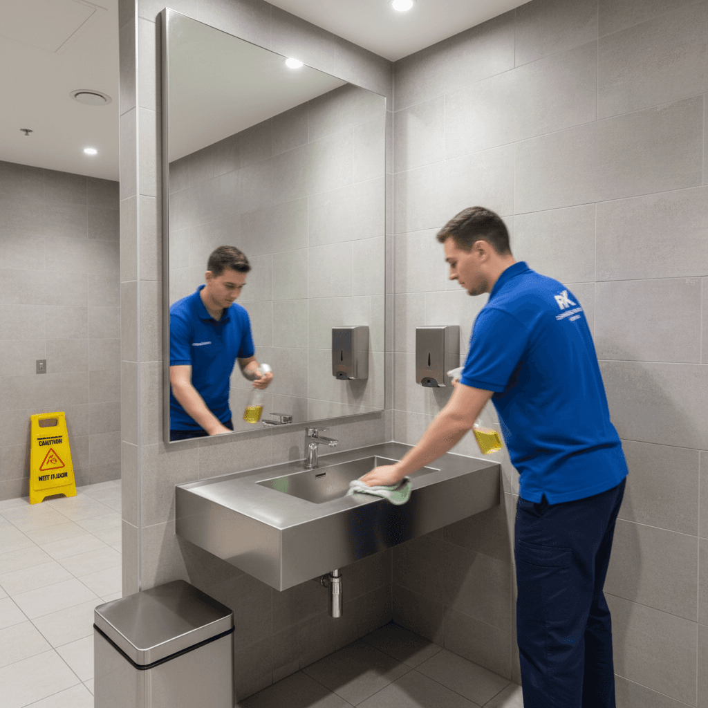 Cleaner sanitizing sink and mirror in modern commercial restroom