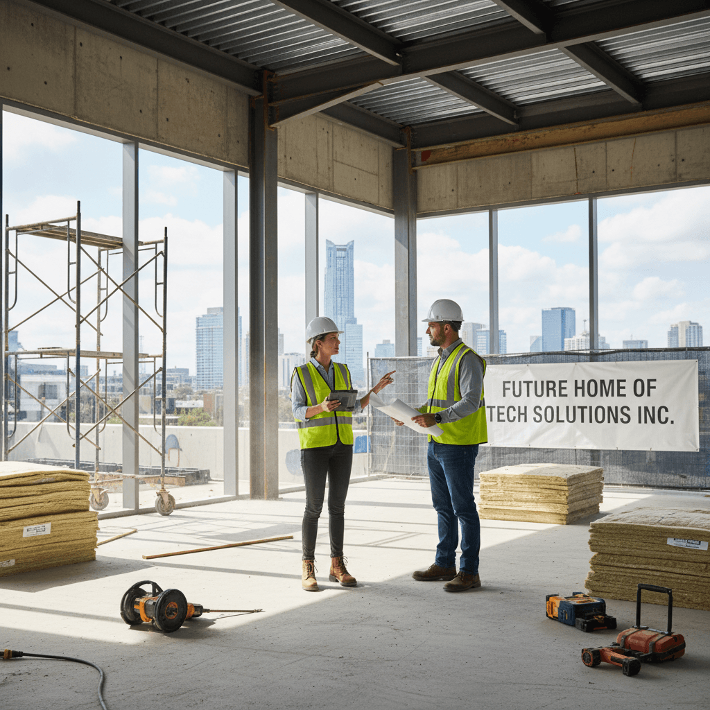 Project manager in a hard hat talking with a worker inside a new building