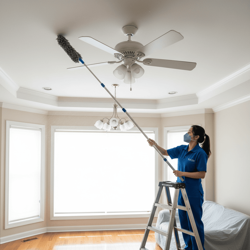 Cleaner dusting ceiling fan and light fixtures with an extendable duster