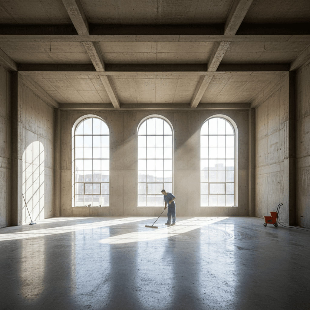 Cleaner mopping a large empty room with a concrete floor