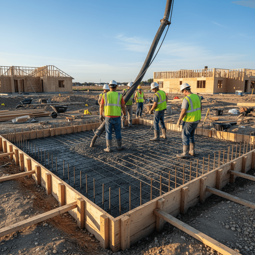 Concrete foundation poured into wooden forms with rebar