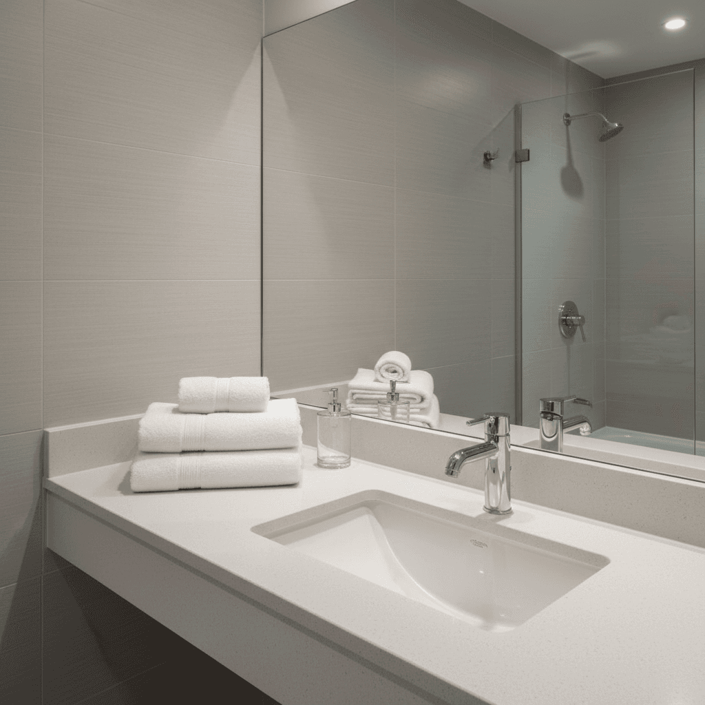 Spotless bathroom with glistening sink and folded towels