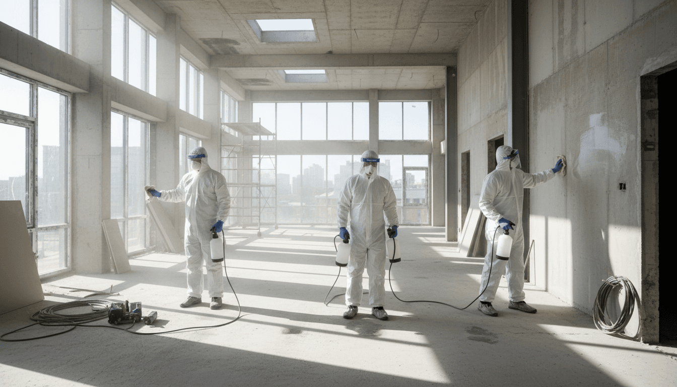 Professional cleaner in protective gear wiping down a surface inside a newly constructed building