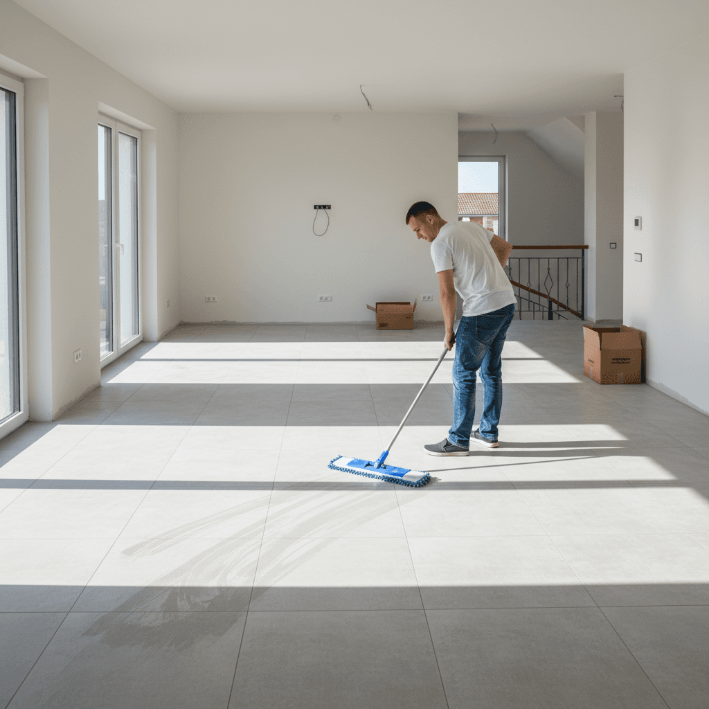 Person mopping a hard tile floor with a microfiber mop