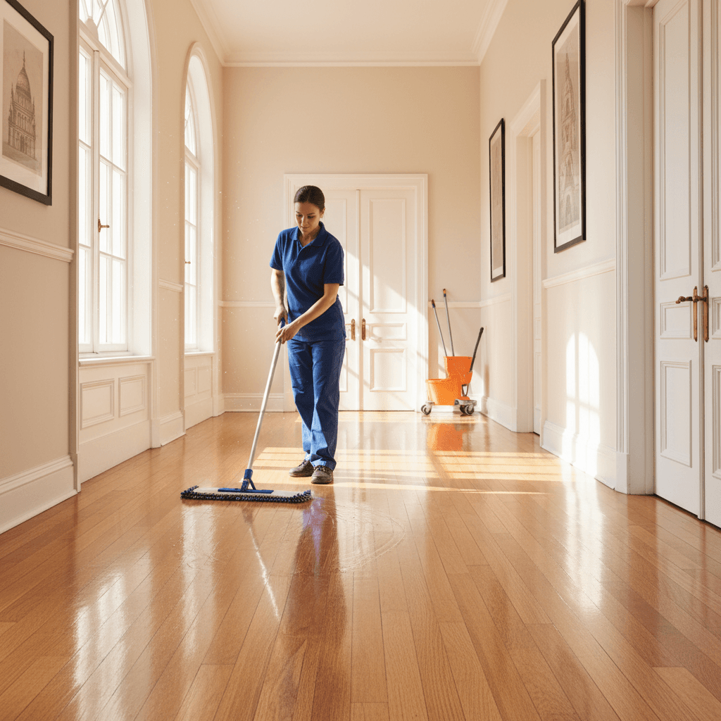 Cleaner mopping a hardwood floor in a bright hallway