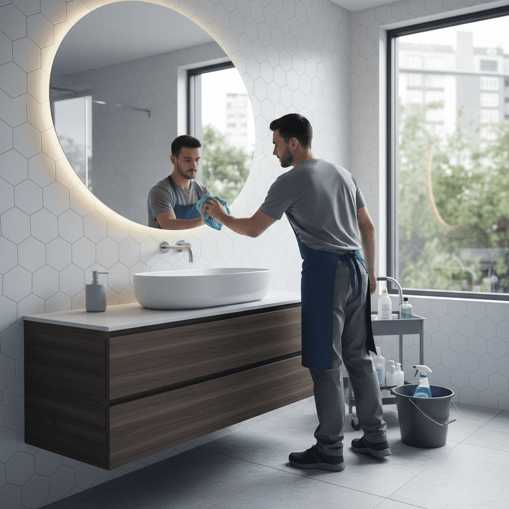 Cleaner polishing a bathroom sink and mirror in a contemporary bathroom