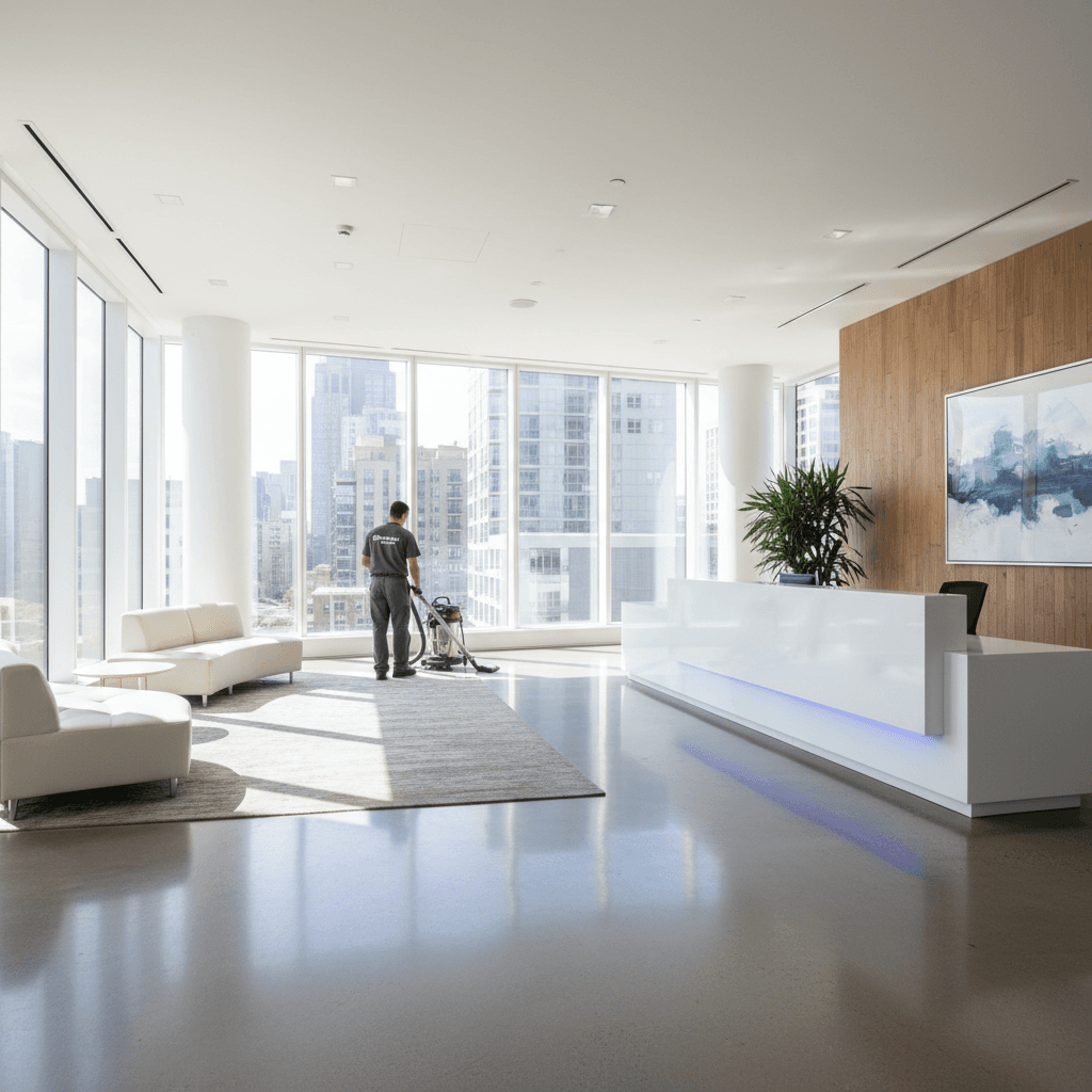 Clean bright wide shot of an empty modern office lobby with gleaming floors