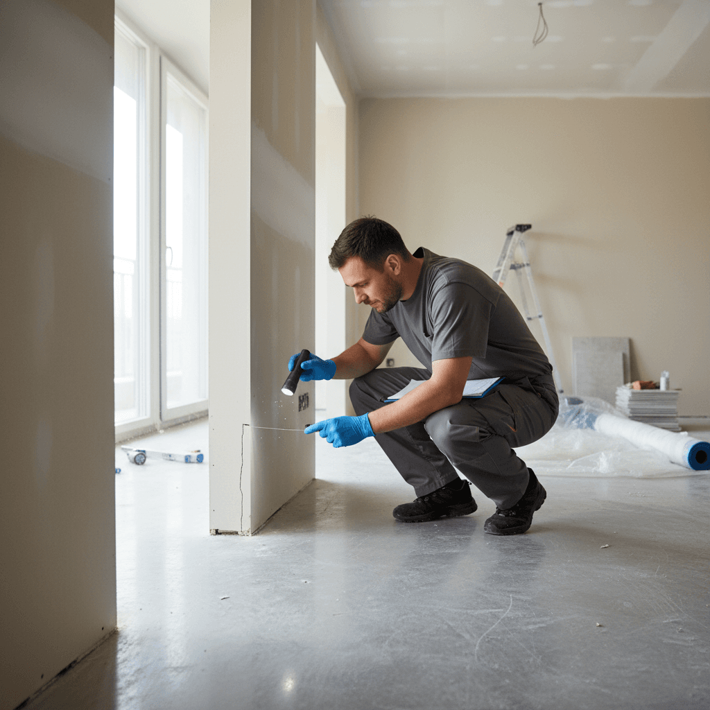 Cleaner checking walls and floors for any damage in a newly built home