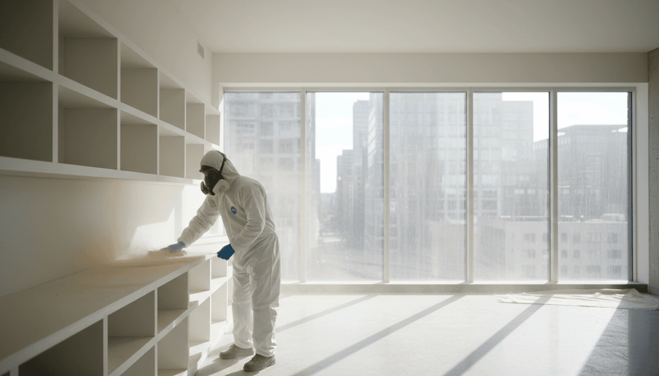 Professional cleaner in protective gear wiping down a dusty surface in a bright empty room