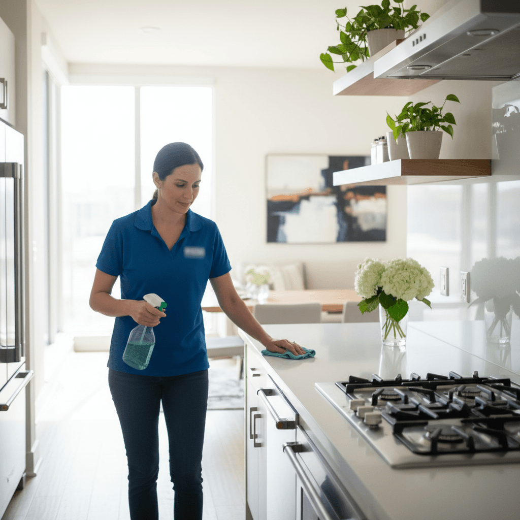 Professional cleaner wiping down a kitchen counter in a modern Houston home