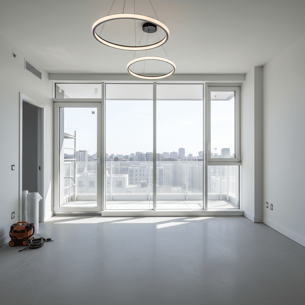 Bright clean interior with large windows after construction
