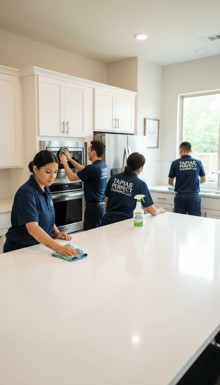 Cleaning crew wiping down a kitchen countertop in a new Houston home
